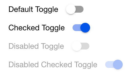 4 Android toggle elements in different states: default, checked, disabled and disabled checked
