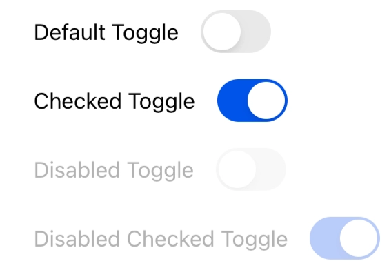 4 iOS toggle elements in different states: default, checked, disabled and disabled checked